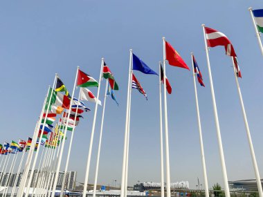 Birçok dünya bayrakları 2020 'de fuar merkezinin dışında mavi gökyüzü arka planında dalgalanır..