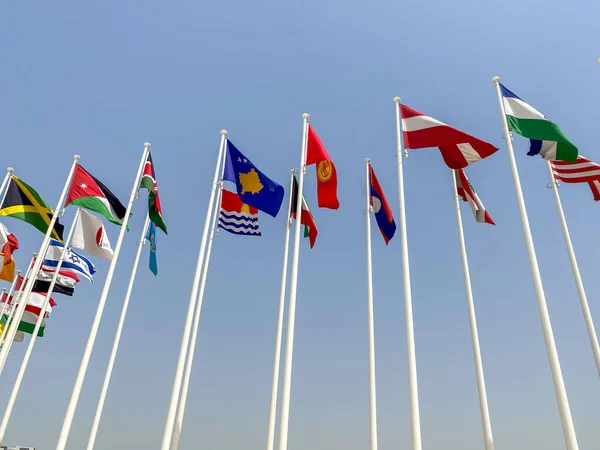 Глядя Многие Мировые Флаги Развевающиеся Ряд Пределами Выставочного Центра 2020 — стоковое фото