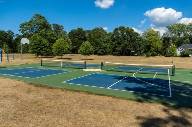 Empty Pickleball court blue and green recreational sport at an outdoor park.
