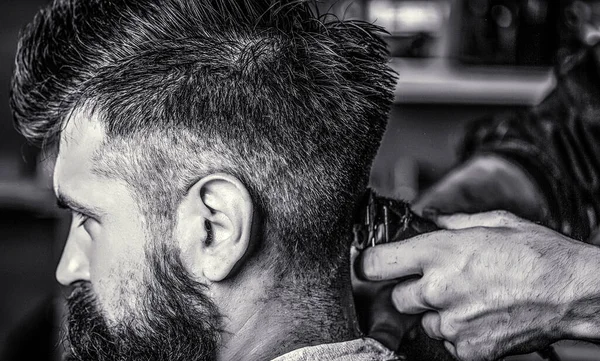 理发师与理发师合作.Hipster的客户正在理发理发师的手与头发剪，关闭关闭。理发的概念。Hipster的客户正在理发在理发店拜访理发师的男人 — 图库照片