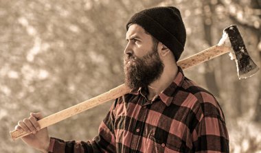 Ormanda baltayla oduncu. Şapkalı sakallı adam elinde baltayla. Yakışıklı adam, hippi. Keresteci, kışın sakallı ve bıyıklı vahşi sakallı adam.