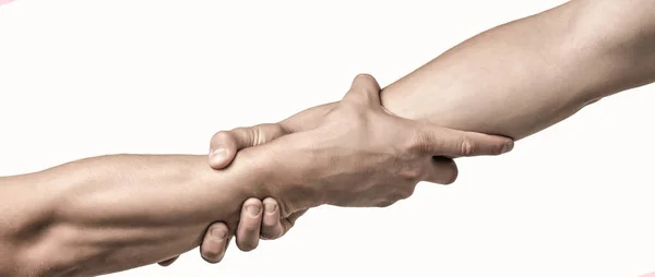 Βοηθώντας την έννοια χέρι και διεθνή ημέρα ειρήνης, υποστήριξη. Κοντινό πλάνο. Βοηθώντας το χέρι απλωμένο, απομονωμένο χέρι, σωτηρία. Κλείστε το χέρι βοήθειας. Δύο χέρια, χέρι βοηθείας ενός φίλου, ομαδική δουλειά — Φωτογραφία Αρχείου