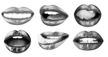 Parlak rujlu bir çift kadın dudağı. Renkli dudak, ruj ya da ruj, seksi. Beyaz arka planda izole edilmiş parlak kadın dudak koleksiyonu. Renkli dudak, dil seksi.