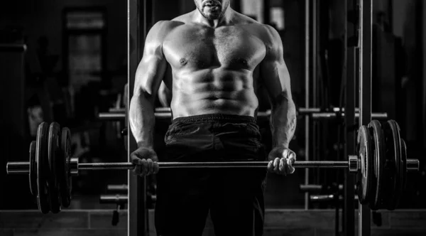Treino de sinos. Exercício de musculação com barra no ginásio. Homem atlético fisiculturista com seis maços, abdominais perfeitos, ombros, bíceps, tríceps, peito — Fotografia de Stock