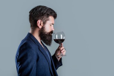 Elinde bir bardak kırmızı şarap olan bir adam. Sakallı, sakallı, şarap içen şarap garsonu. Sommelier, bir bardak şarap, şaraphane ve şarap üreticisi.