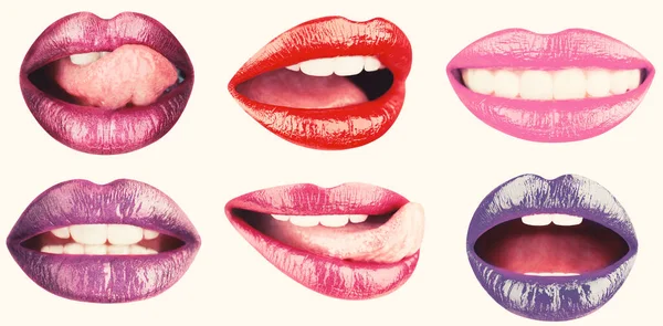 Набір жіночих губ з глянцевими помадами. Кольорова губа, помада або втрата губ, сексуальна. Яскрава колекція жіночих губ ізольована на білому тлі. Різнокольорова губа, язик сексуальний — стокове фото