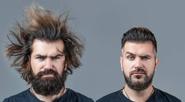 Tıraş, saç şekillendirme. Sakal, önce tıraş ol, sonra. Uzun sakallı saç stili kolaj uzmanı berbere gitmeden önce ve sonra, farklı saç kesimi, bıyık, sakal. Erkek güzelliği, karşılaştırma