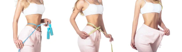 Weight loss concept. Slim girl with centimeter. Closeup woman measuring her waist with tape. Slim womans body. Woman shows weight loss. Slim body, jump rope. Girl a jump rope in hands. Slim girl — 스톡 사진