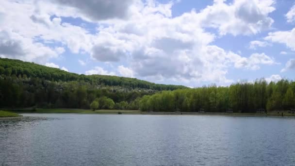 Lake, sky, forest. Blue water in a forest lake with pine trees. River and lakes with reflections in the morning and evening. Lake in beautiful summer day. Silent lakes near green forest — Stock Video