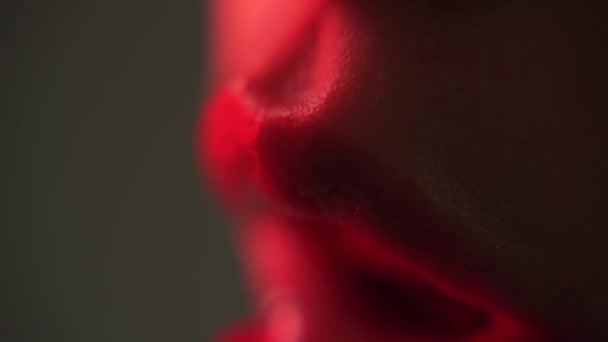 Plump sexy full lips. Red lipstick. Perfect natural lip makeup. Close-up beautiful lips. Sexy plump lips red lipstick. Close-up perfect natural lip makeup beautiful female mouth — Vídeo de Stock