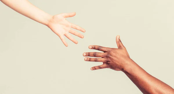 女性とアフリカの女性の手 多民族を助ける 手を助け ジェスチャーを救出する 黒と白の人間の手 アフリカ人と白人の手 — ストック写真