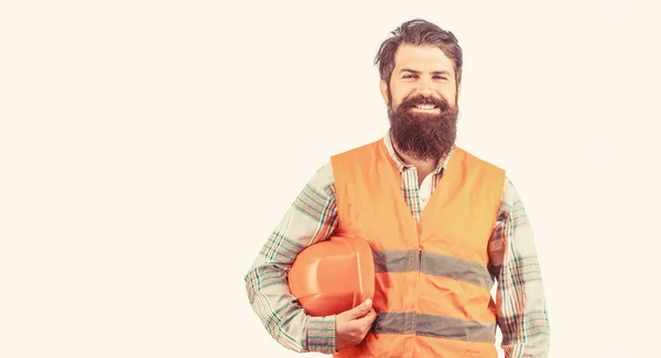 Bearded Man Worker Building Helmet Hard Hat Portrait Builder Smiling — Stock Photo, Image