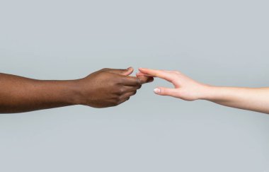 El derisi renkleri ikiye dokunur. Kadın ve Afrikalı Amerikalı erkek el ele tutuşuyor. Beyaz Kafkas kadın elleri ve siyah Afro-Amerikalı parmakları bir arada tutuyor. Dünya birliği ve ırk sevgisi ve ırklar.