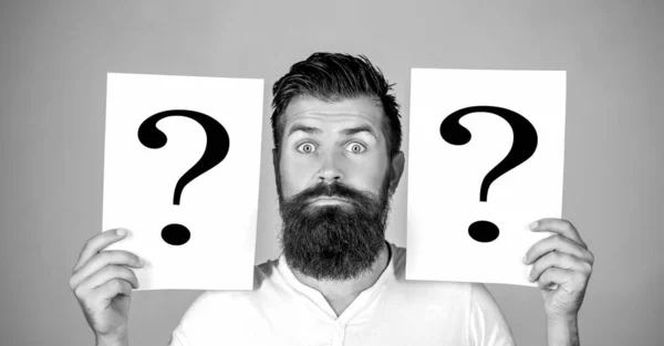 Beard man question mark, solution problems. Thinking man with question mark. Black and white.
