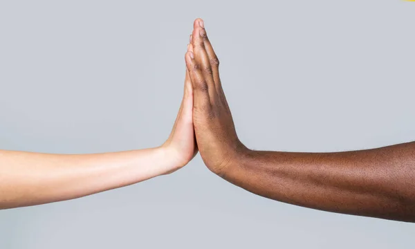 White Woman African Man Giving High Five Friendship Symbol Mixed — Foto de Stock