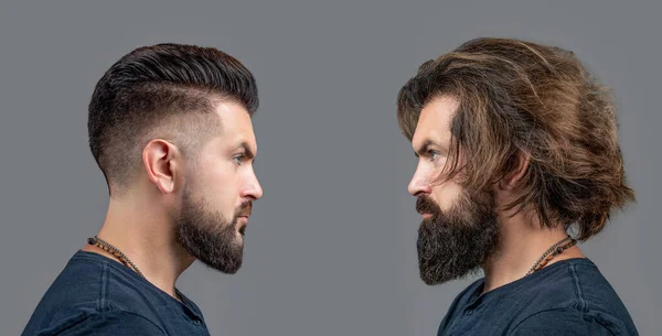 Collage man before and after visiting barbershop, different haircut, mustache, beard. Male beauty, comparison. Shaving, hairstyling. Beard, shave before, after. Long beard Hair style hair stylist. Vs