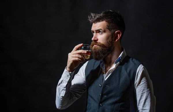 Sommelier Tastes Expensive Drink Degustation Tasting Man Beard Holds Glass — 스톡 사진