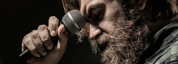 Man Beard Holding Microphone Singing Bearded Man Karaoke Sings Song — Fotografia de Stock