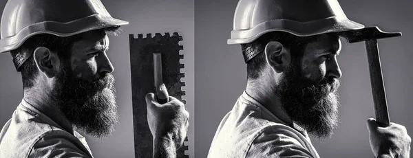 Builder Helmet Hammer Handyman Builders Hardhat Tool Trowel Man Builder — Stockfoto
