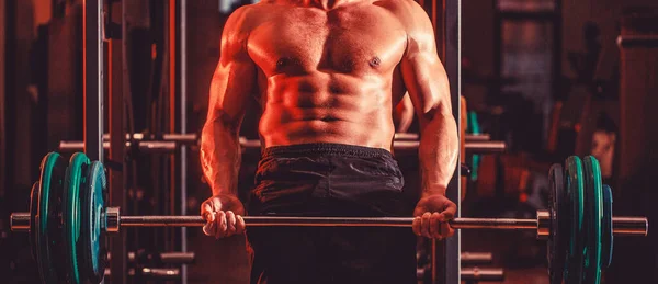 Muscular Man Workout Barbell Gym Bodybuilder Athletic Man Six Pack — Fotografia de Stock