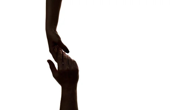Милосердие Силуэт Двух Рук Связь Концепция Помощи Палец Касаясь Рук — стоковое фото