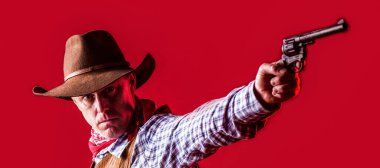 American bandit in mask, western man with hat. West, guns. Portrait of a cowboy. owboy with weapon on red background.