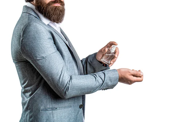 Masculine Perfume Bearded Man Suit Male Holding Bottle Perfume Perfume —  Fotos de Stock