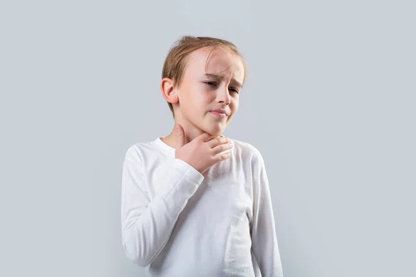 Young Boy Feels His Throat Pain Ill Little Boy Sore —  Fotos de Stock