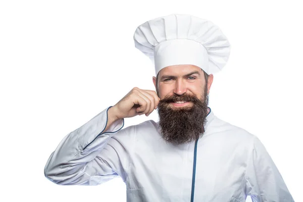 Retrato Cozinheiro Chef Feliz Chapéu Cozinha Chef Barbudo Cozinheiros Padeiro — Fotografia de Stock