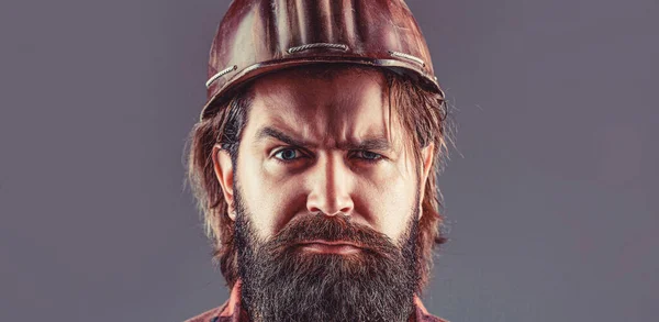 Homme Barbu Travailleur Avec Barbe Dans Construction Casque Casque Dur — Photo