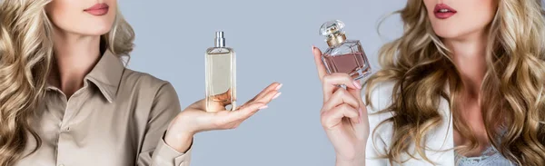 Woman holding a perfumes bottle. Beautiful girl using perfume. Woman with bottle of perfume. Woman presents perfumes fragrance. Perfume bottle woman spray aroma.
