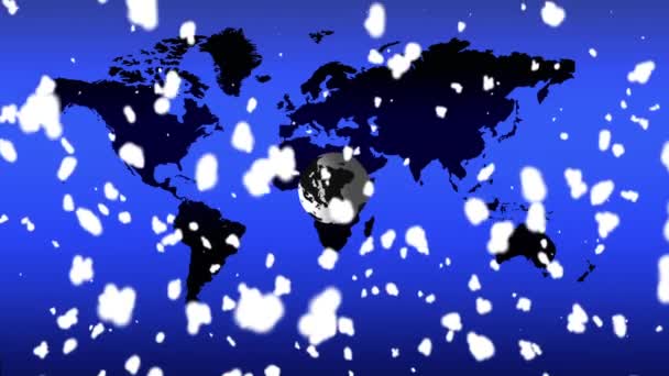 3d globe snow fall against world map — Stok Video