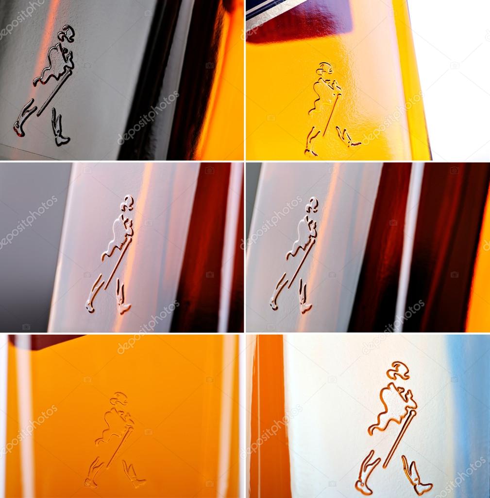 Bucharest, Romania - April 17, 2012: Combo picture with six logos of Johnnie Walker whiskey. Johnnie Walker is a brand of Scotch Whisky owned by Diageo and originated in Kilmarnock, Ayrshire, Scotland.
