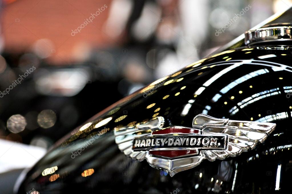 Bucharest, Romania - April 22, 2012: Harley Davidson logo is displayed on a motorcycle tank during an exhibition in Bucharest, Romania.