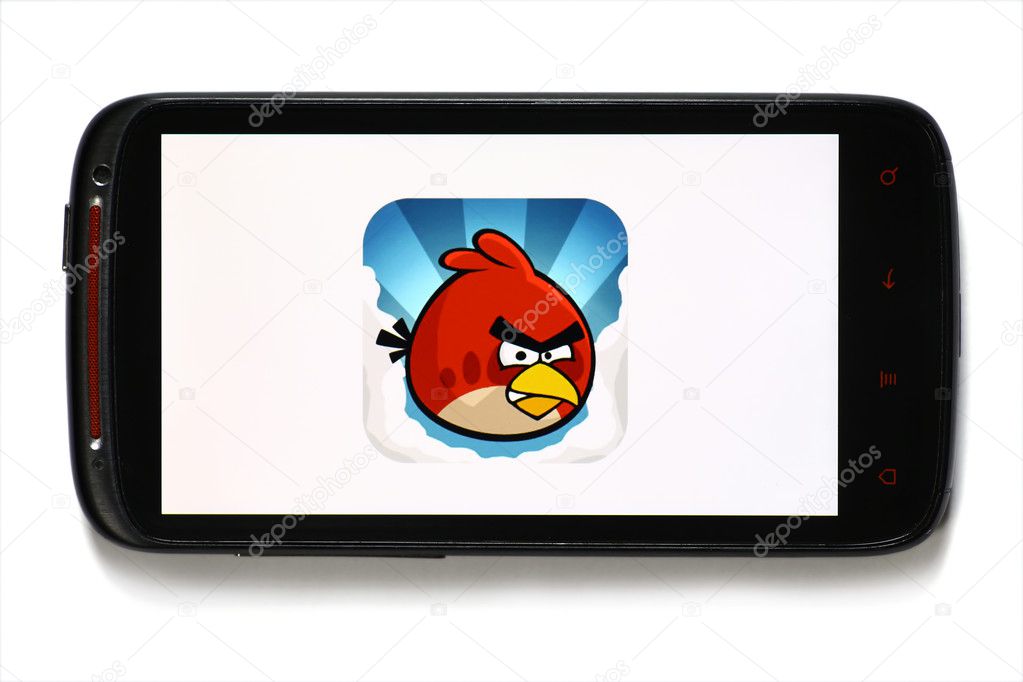 Bucharest, Romania - June 23, 2012: Android smartphone with the Angry Birds game logo displayed on the screen using a picture viewing software. Angry Birds is a puzzle video game developed by Finnish computer game developer Rovio Entertainment.