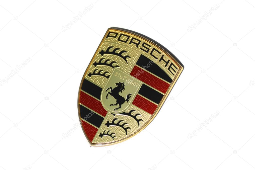 Bucharest, Romania - September 24, 2013: Detail on the logo of a Porsche car on the car's hood. Porsche is a German automobile producer, headquartered in Zuffenhausen, Stuttgart.