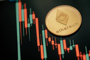 Altın Ethereum kripto para birimi, mum çubuğu grafik çizelgesi ve dijital arkaplan.