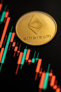 Altın Ethereum kripto para birimi, mum çubuğu grafik çizelgesi ve dijital arkaplan.