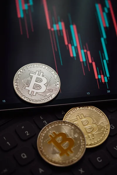 Çeşitli Bitcoin kripto para birimleri mum çubuğu grafik şeması, dizüstü bilgisayar klavyesi ve dijital arkaplan.