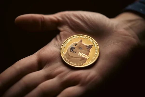 Close Shot Hand Holding Gold Dogecoin Digital Cryptocurrency — Stock Photo, Image