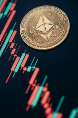Altın Ethereum kripto para birimi, mum çubuğu grafik çizelgesi ve dijital arkaplan.