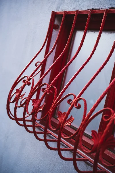 Window Red Decorated Bars Made Forged Iron — Stok fotoğraf