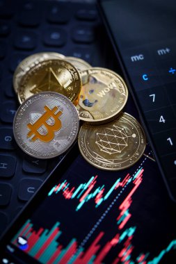 Mum çubuğu grafik çizelgesi ve dijital hesap makinesi olan bir monitörün yanına bir yığın altın koy. Bitcoin, Ethereum, Cardano, Litecoin, Dogecoin, QTUM.