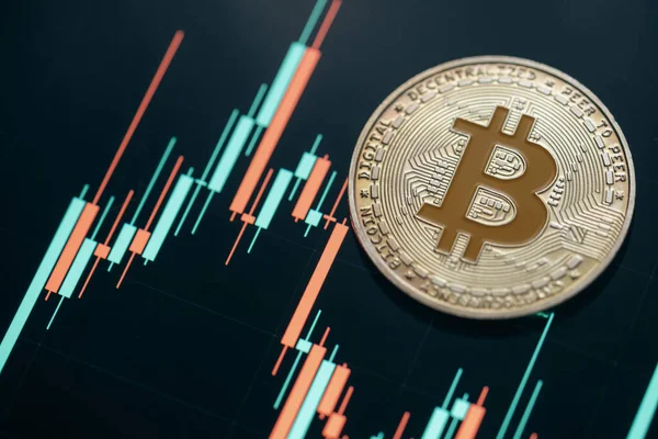 Silber Bitcoin Kryptowährung Mit Candle Stick Diagramm Und Digitalem Hintergrund — Stockfoto