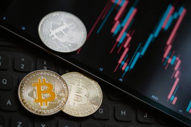 Çeşitli Bitcoin kripto para birimleri mum çubuğu grafik şeması, dizüstü bilgisayar klavyesi ve dijital arkaplan.