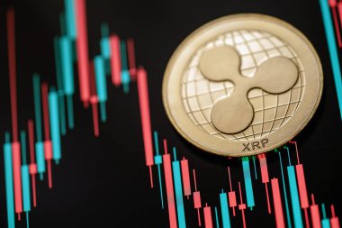 Altın Dalga (XRP) kripto para birimi mum çubuğu grafik şeması ve dijital arkaplan.
