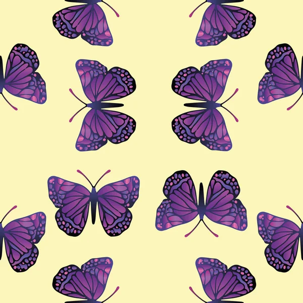 シームレスな飛行蝶のパターン。紫と紫の蝶のテクスチャ壁紙. — ストックベクタ
