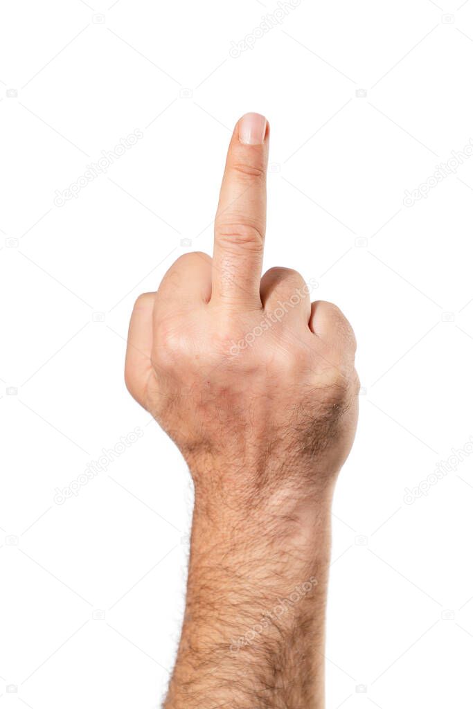 Showing middle finger isolated on white background. Negative, impolte and agression gesture.