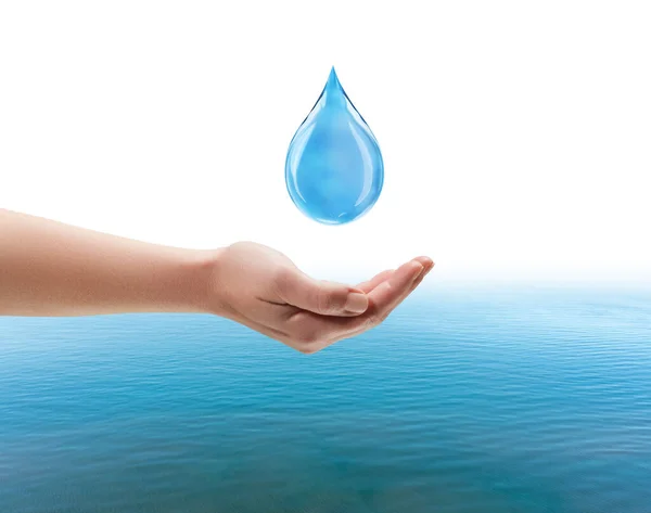 Hand try to holding water drop isolated on white background dropping. saving water concept. 3D illustration — Stock Photo, Image