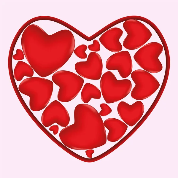 Wiele czerwonych, romantycznych kształtów serca w tle ramki serca na Walentynki. ilustracja wektora — Wektor stockowy